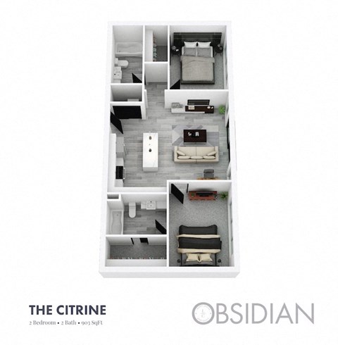 Floor plan for 2 beds, 2 baths, 903 sqft